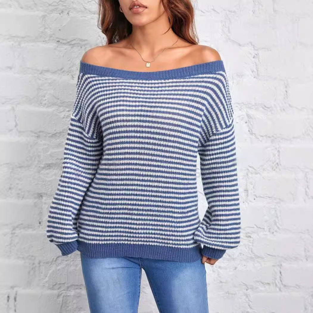 Winter new striped one-shoulder off-shoulder contrast striped lantern sleeve knitted women's clothing