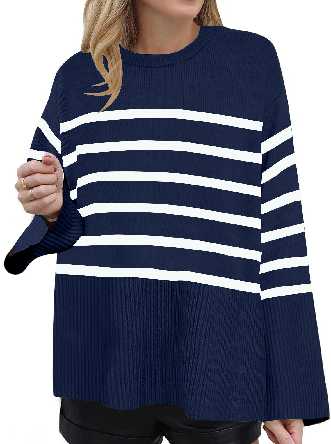 Fashionable ladies fresh and sweet round neck loose striped sweater