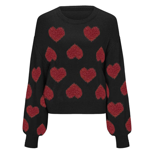 New arrival puff sleeve Valentine's Day pink sweater loose sweet love jacquard pullover sweater