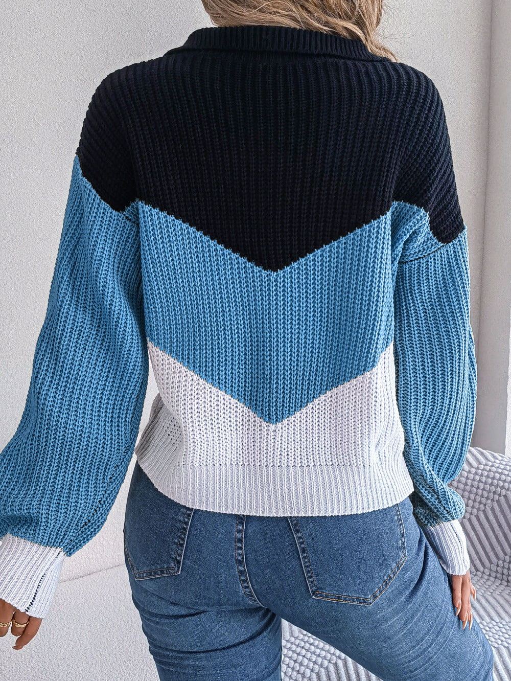 Autumn and winter casual lapel contrast color long sleeve knitted pullover loose sweater