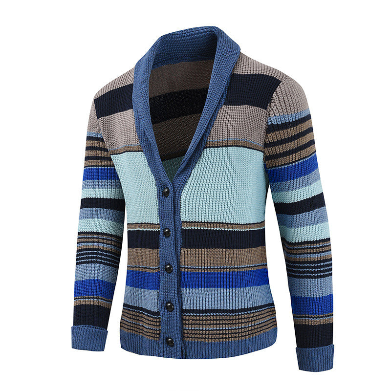 New Men's Sweater Jacket Autumn and Winter Lapel Colorblock Knitted Cardigan Sweater