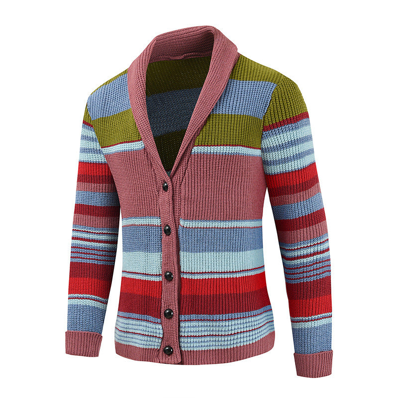 New Men's Sweater Jacket Autumn and Winter Lapel Colorblock Knitted Cardigan Sweater