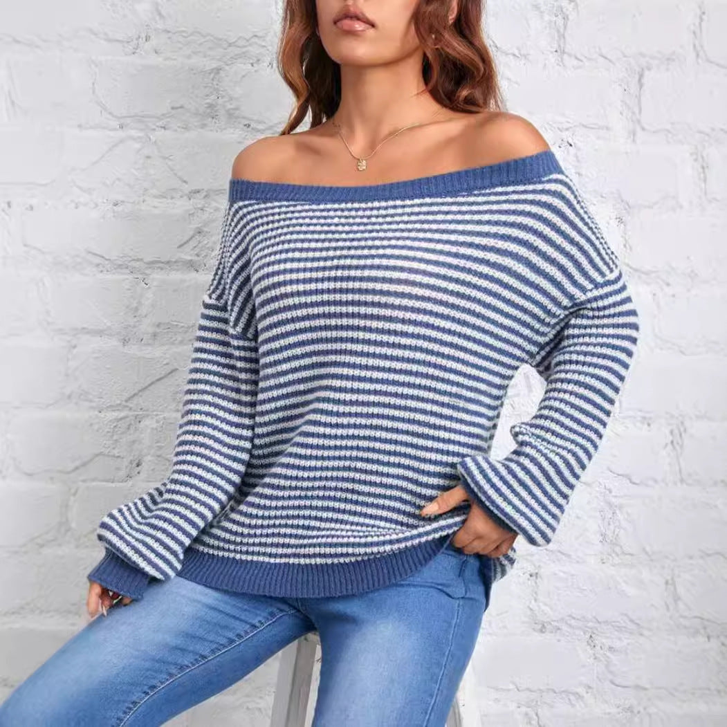 Winter new striped one-shoulder off-shoulder contrast striped lantern sleeve knitted women's clothing