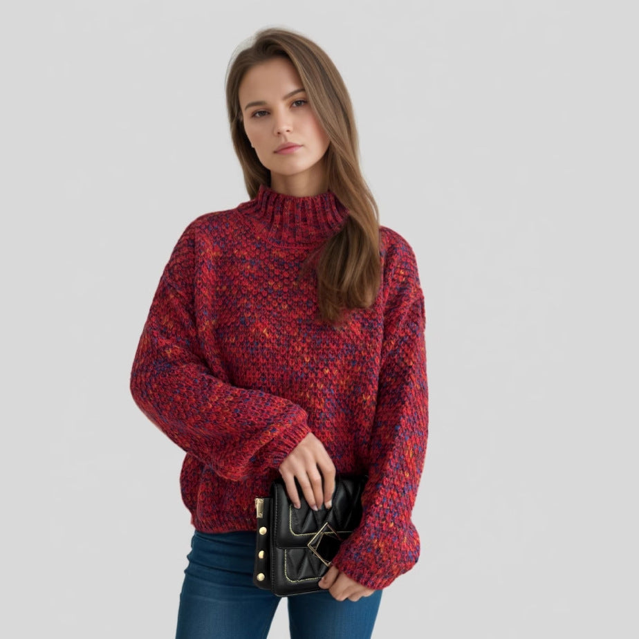 Autumn and winter new women's knitted sweater half round neck casual contrast color thick sweater