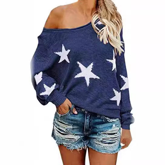 New autumn round neck long sleeve star loose pullover knitted sweater for women