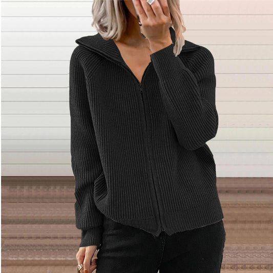 Fashion striped casual jacket loose knitted sweater zipper cardigan long sleeve lapel sweater for women