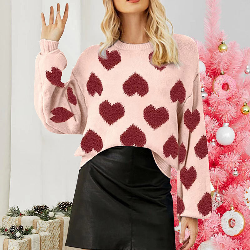 New arrival puff sleeve Valentine's Day pink sweater loose sweet love jacquard pullover sweater