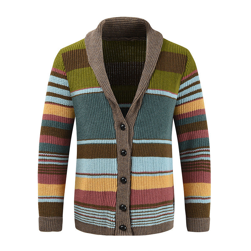 New Men's Sweater Jacket Autumn and Winter Lapel Colorblock Knitted Cardigan Sweater