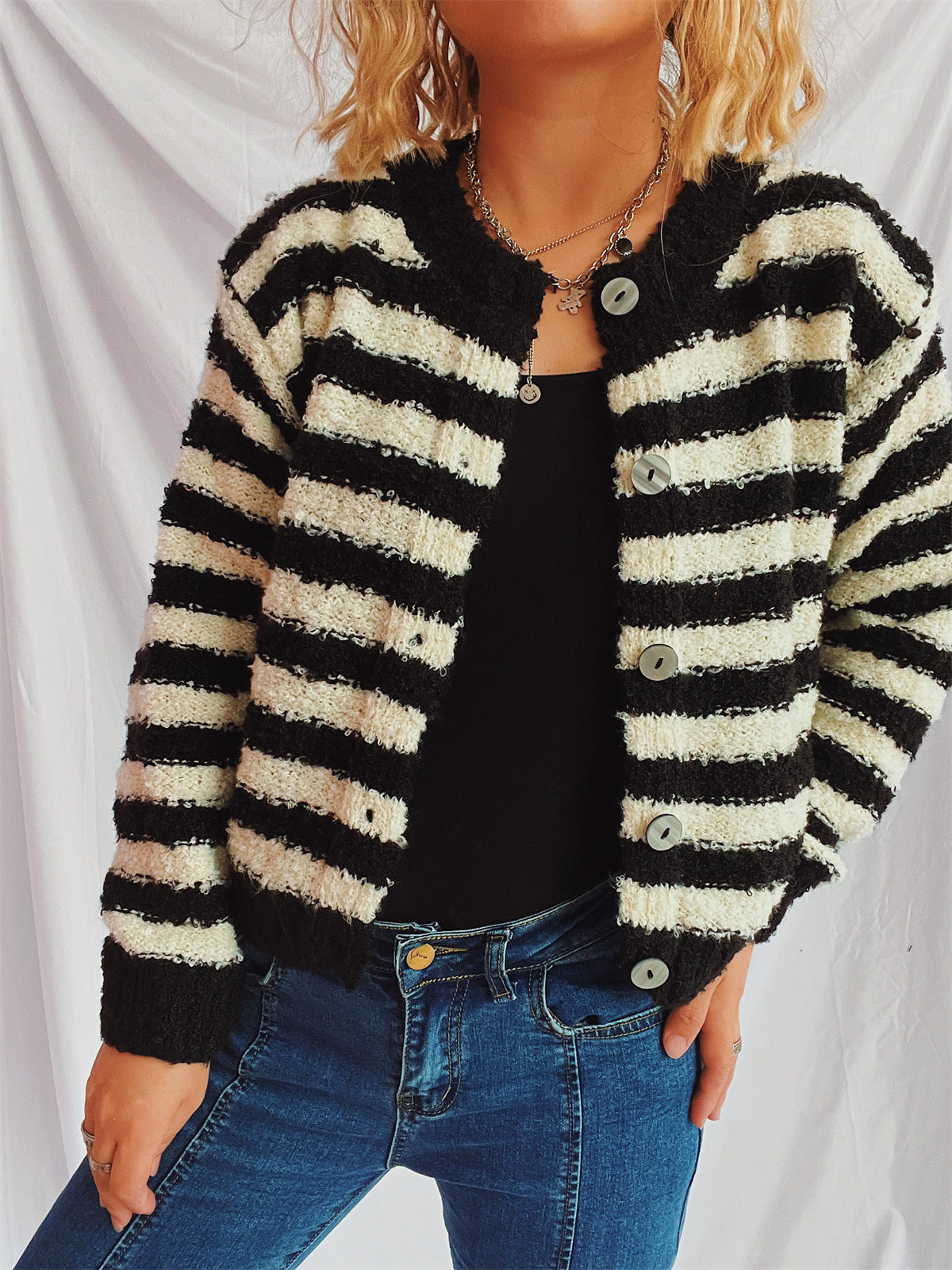 Striped sweater cardigan women autumn and winter new style circle yarn single-breasted design short jacket top