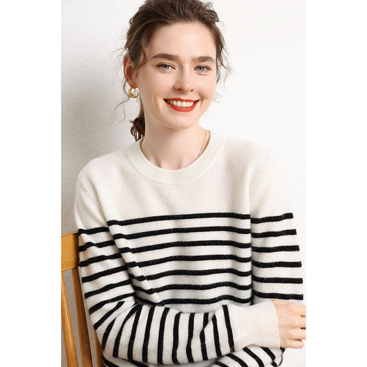 Black and white striped cashmere sweater for women, spring and autumn temperament versatile inner wear bottoming top