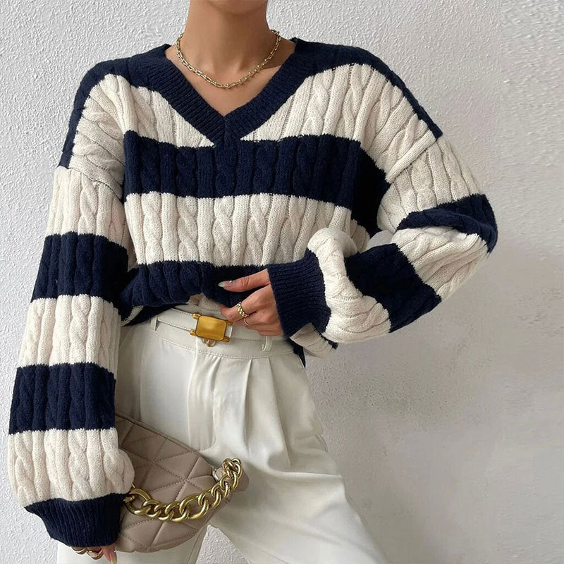 Autumn and Winter Sweater Women's All-match Pullover V-neck Long Sleeve Twisted Striped Contrast Color Knitted Cardigan