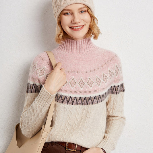 Half turtleneck cashmere sweater knitted retro base autumn and winter loose striped thickened color matching sweater