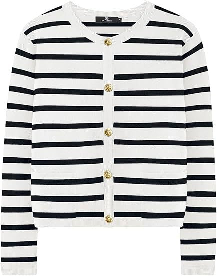 New Round Neck Gold Button Cardigan Sweater Interlaced Striped Knitted Jacket Women's Tops