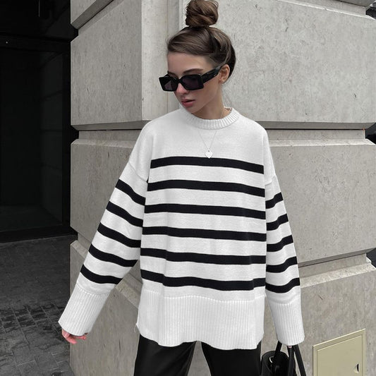 Fashionable ladies fresh and sweet round neck loose striped sweater