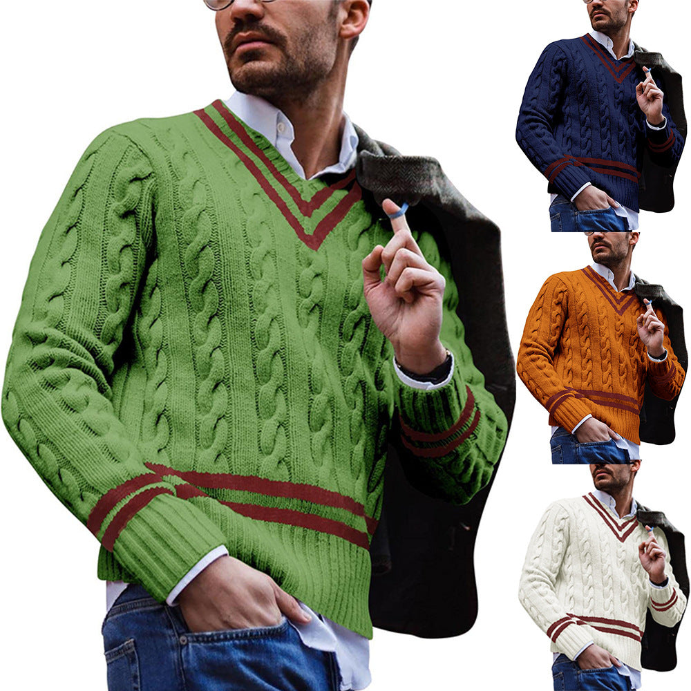 V-neck sweater men's striped color matching knitted sweater autumn and winter fashion sweater