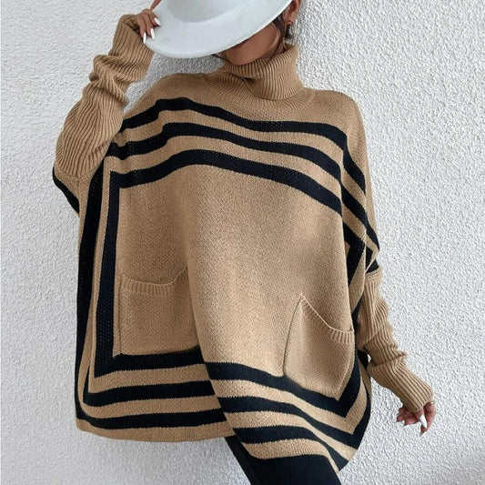 Knitted women's high collar striped bat sleeve cape shawl sweater coat women