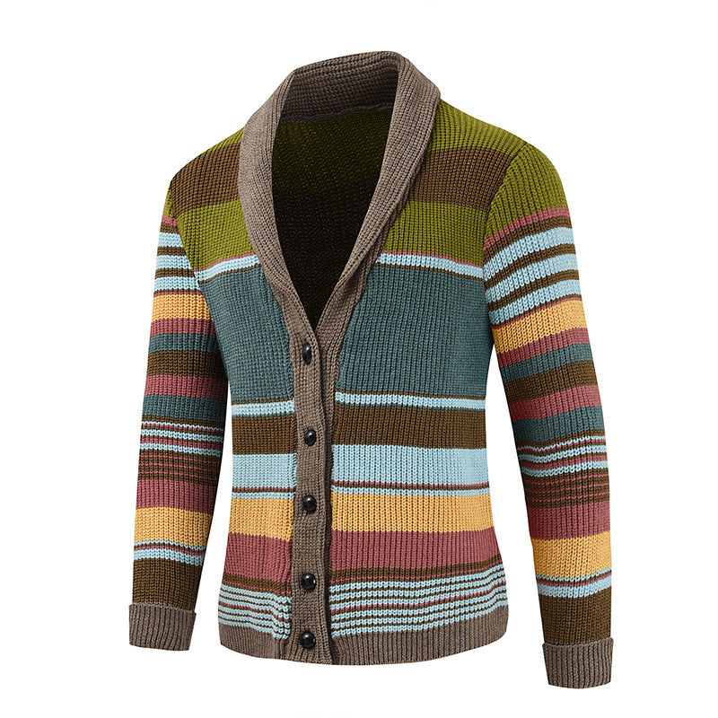 New Men's Sweater Jacket Autumn and Winter Lapel Colorblock Knitted Cardigan Sweater