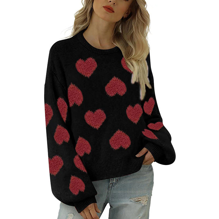 New arrival puff sleeve Valentine's Day pink sweater loose sweet love jacquard pullover sweater