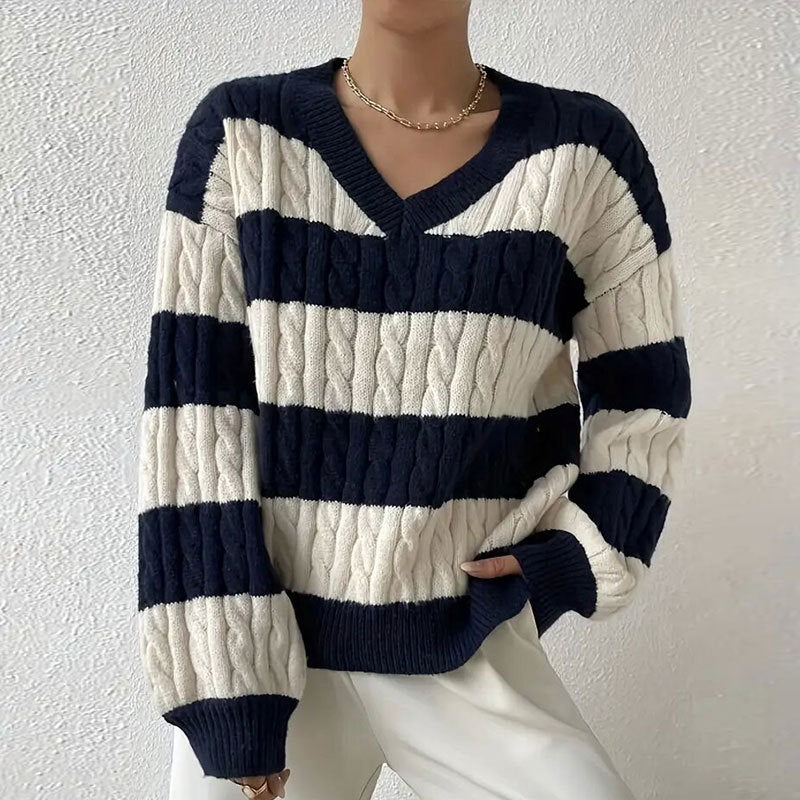 Autumn and Winter Sweater Women's All-match Pullover V-neck Long Sleeve Twisted Striped Contrast Color Knitted Cardigan