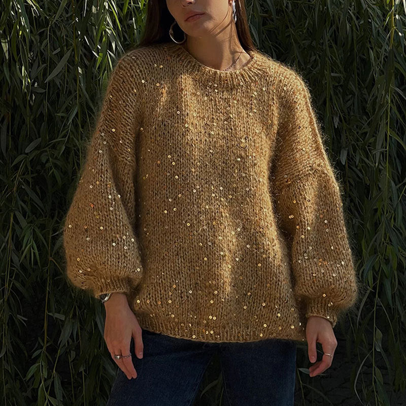 Fashion sequined wool sweater new arrival loose round neck lantern sleeve pullover knit sweater