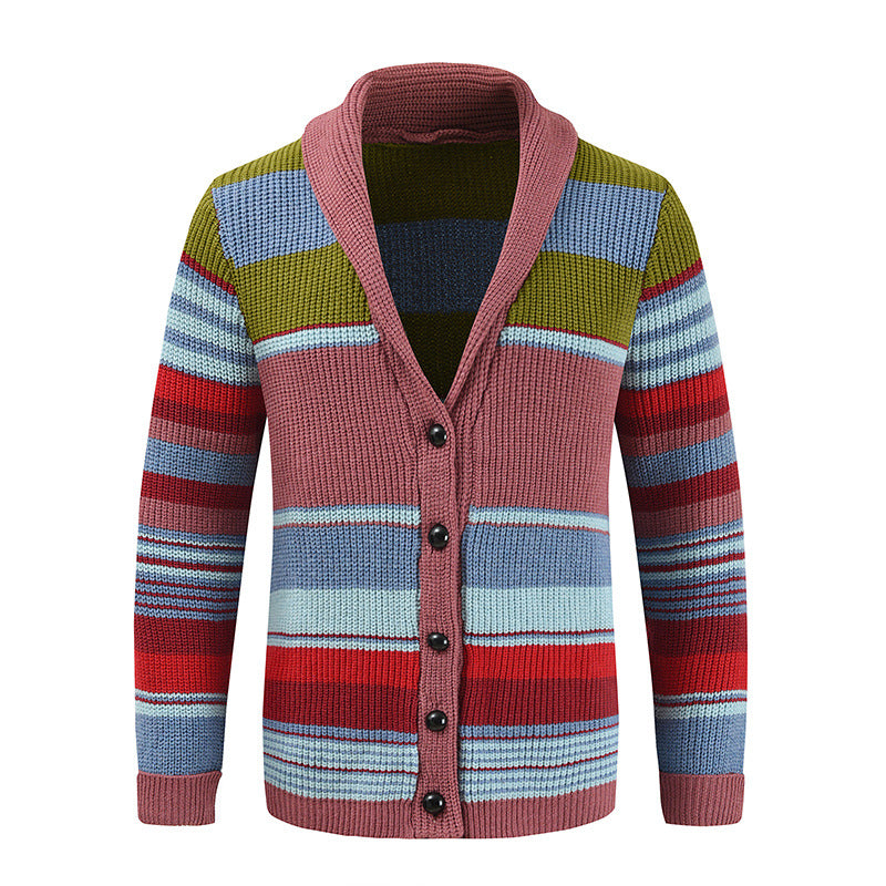 New Men's Sweater Jacket Autumn and Winter Lapel Colorblock Knitted Cardigan Sweater