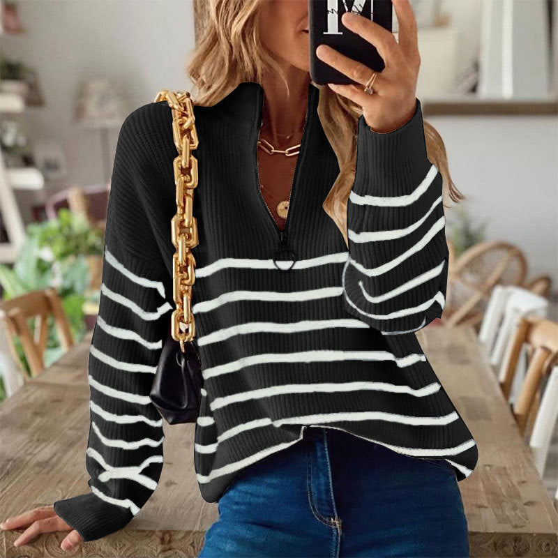 High collar autumn and winter new striped color matching long sleeve women's top zipper pullover sweater