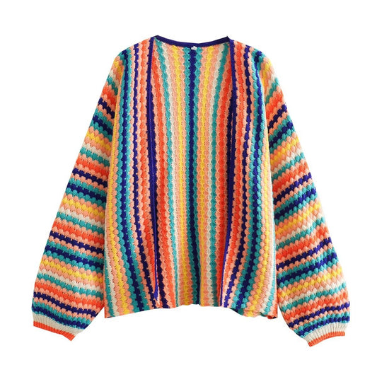 Autumn contrast crochet sweater colorful striped knitted loose cardigan sweater