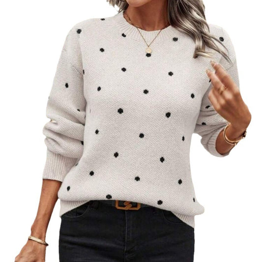 Women's Sweater Fashion Round Neck Long Sleeve Pullover Sweater Women's Polka Dot Jacquard Knitted Sweater Top