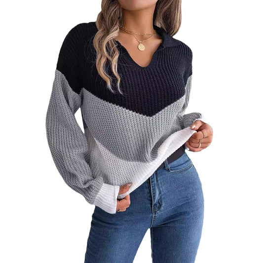 Autumn and winter casual lapel contrast color long sleeve knitted pullover loose sweater