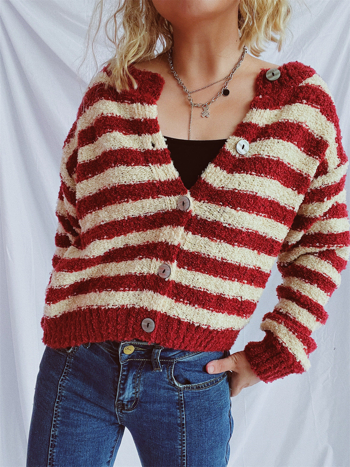 Striped sweater cardigan women autumn and winter new style circle yarn single-breasted design short jacket top