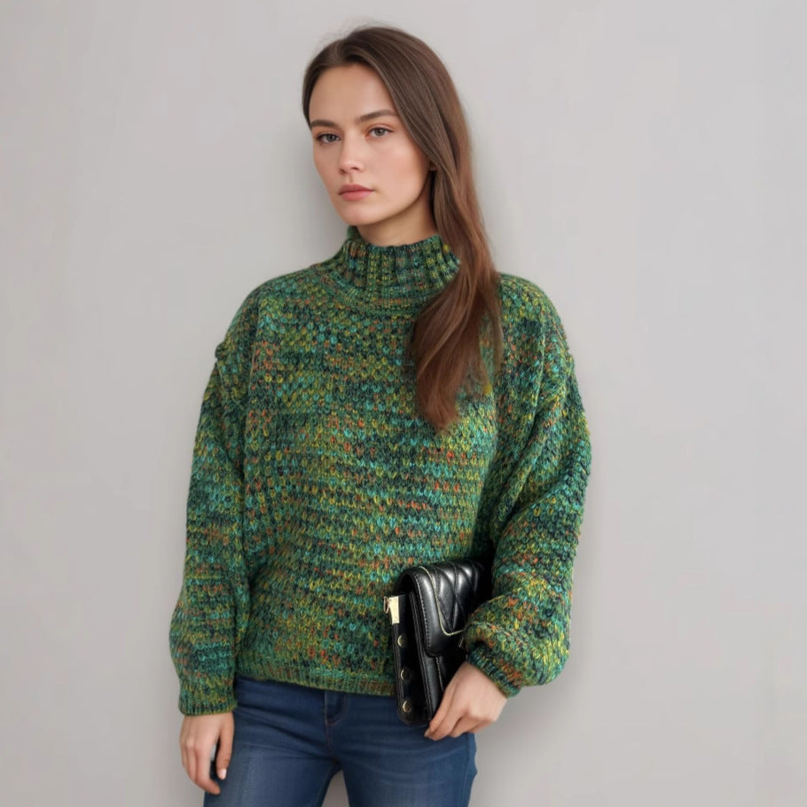 Autumn and winter new women's knitted sweater half round neck casual contrast color thick sweater