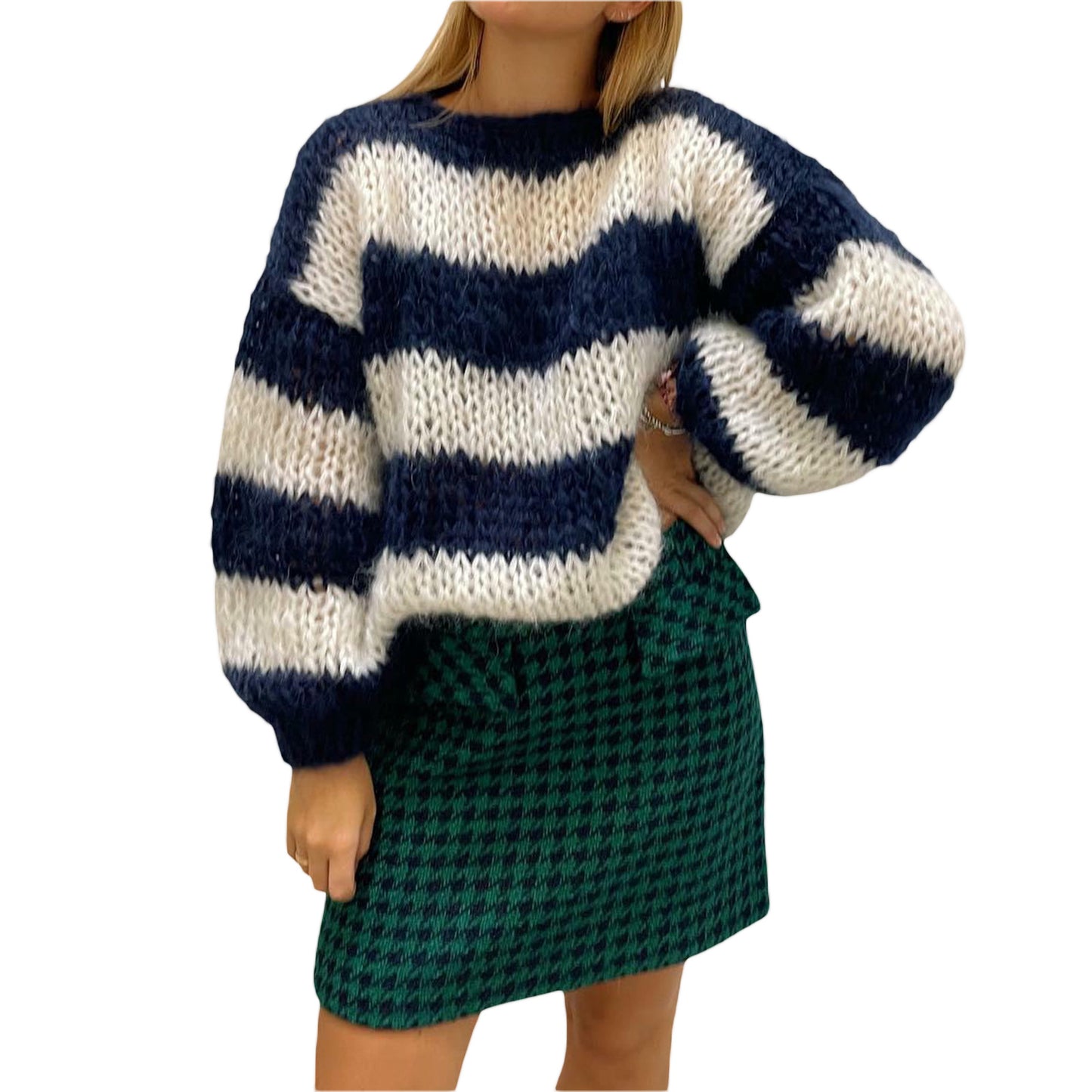 Women's autumn and winter new round neck loose blue and white striped sweater