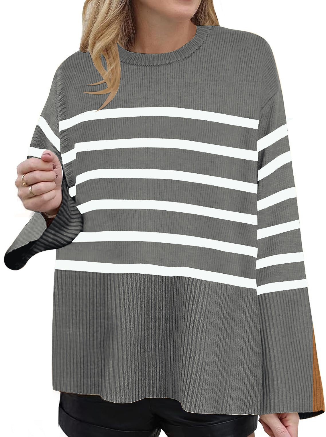 Fashionable ladies fresh and sweet round neck loose striped sweater