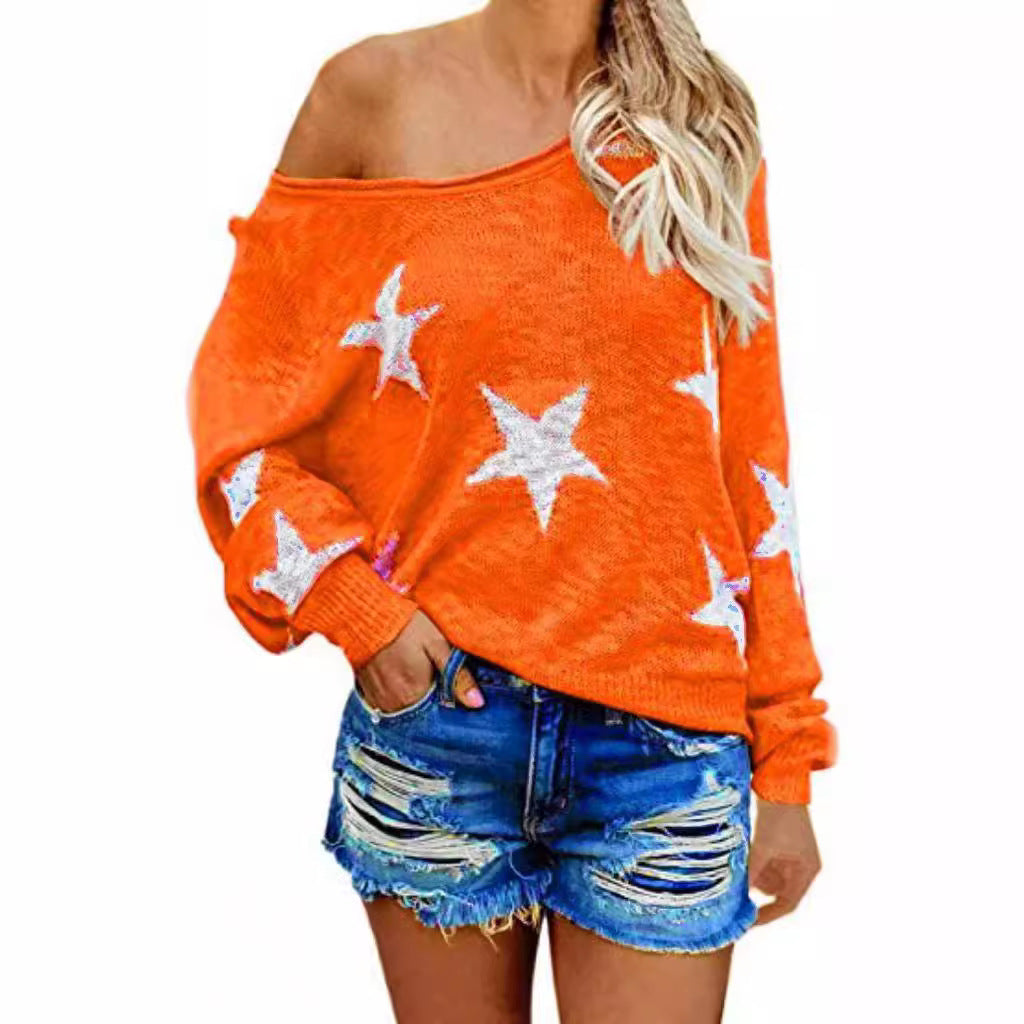 New autumn round neck long sleeve star loose pullover knitted sweater for women