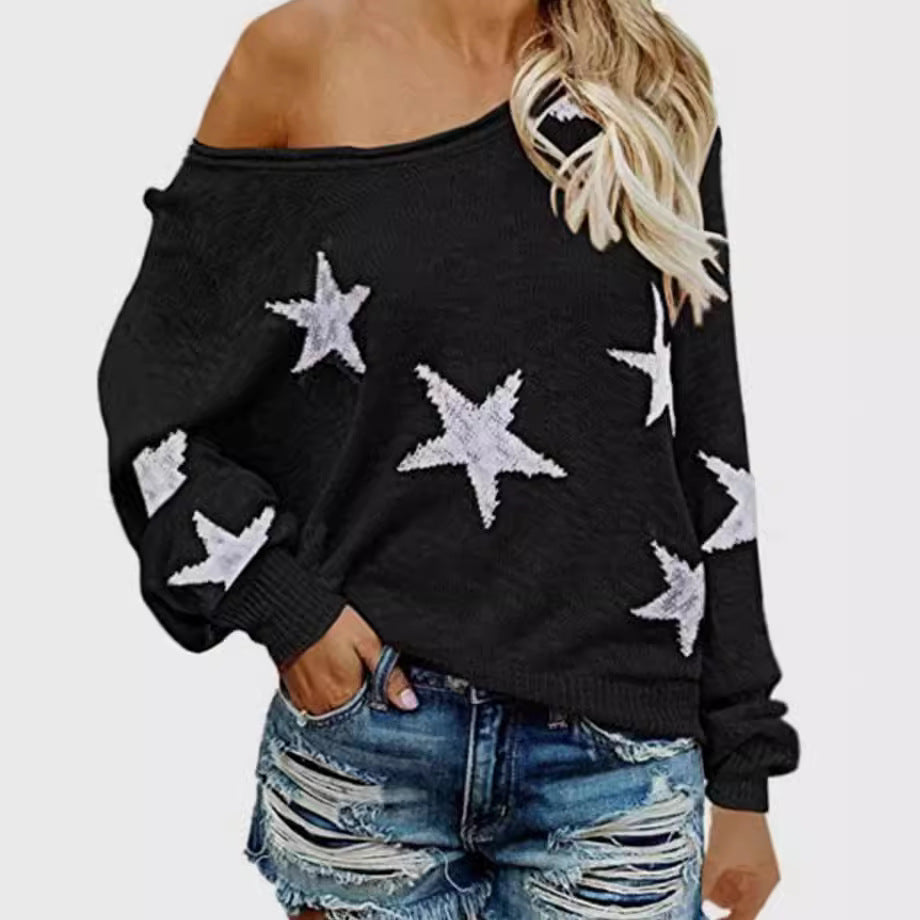 New autumn round neck long sleeve star loose pullover knitted sweater for women