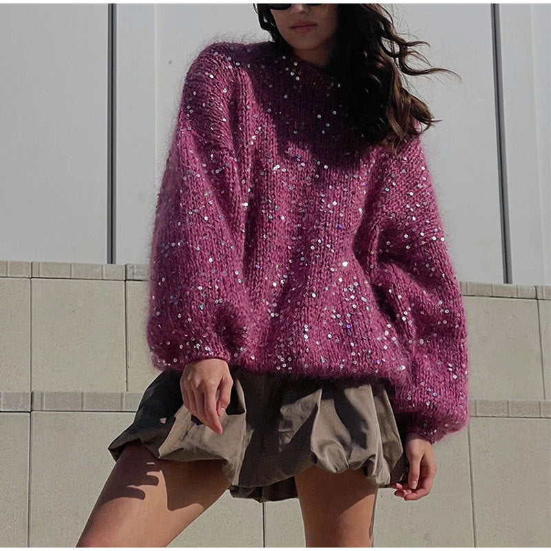 Fashion sequined wool sweater new arrival loose round neck lantern sleeve pullover knit sweater