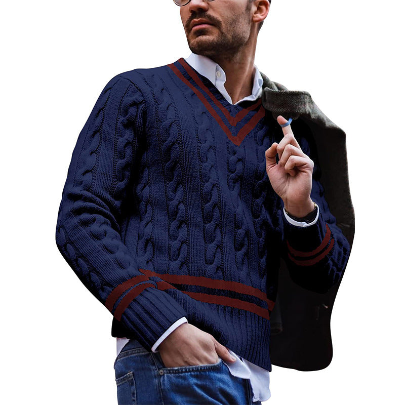 V-neck sweater men's striped color matching knitted sweater autumn and winter fashion sweater