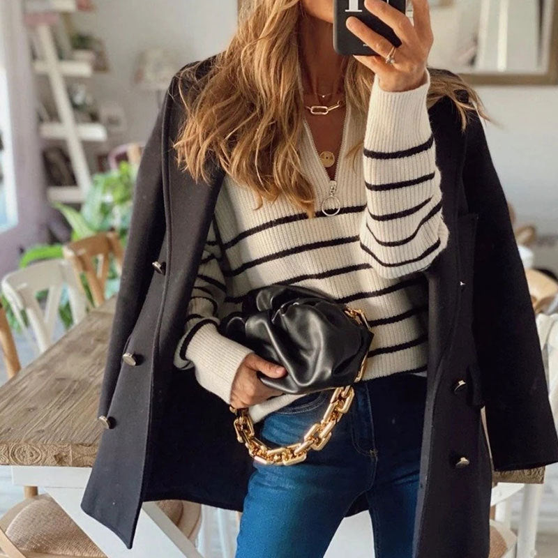 High collar autumn and winter new striped color matching long sleeve women's top zipper pullover sweater