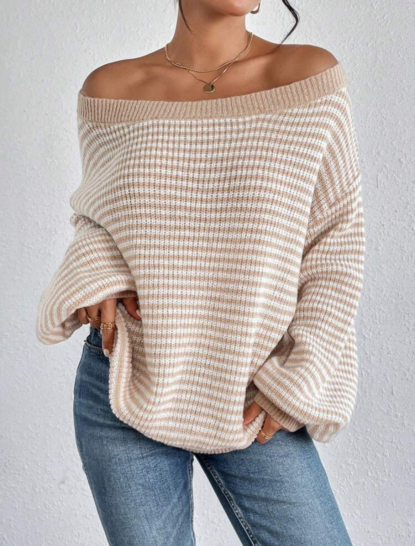 Winter new striped one-shoulder off-shoulder contrast striped lantern sleeve knitted women's clothing