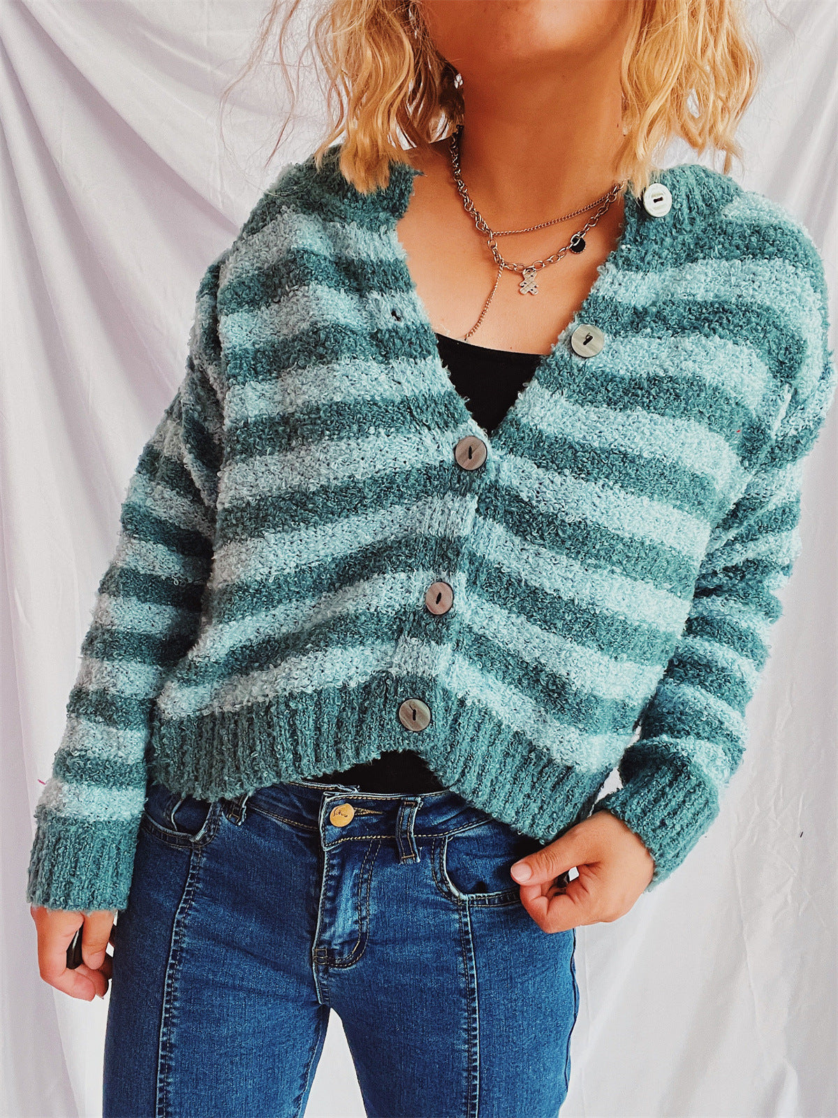 Striped sweater cardigan women autumn and winter new style circle yarn single-breasted design short jacket top