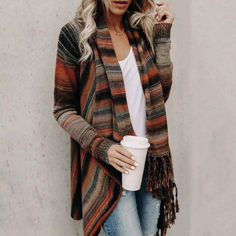 Winter new arrival knitted sweater with tassels and diagonal lines for women