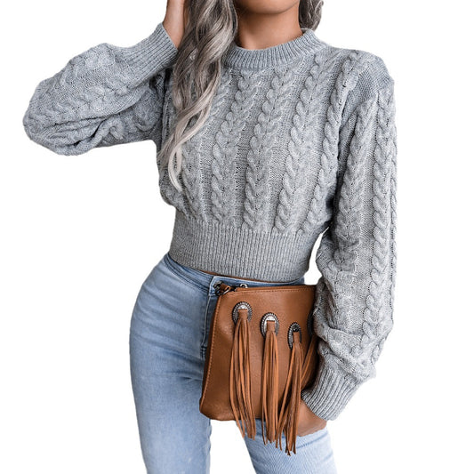 Autumn and winter cable knitted waisted belly-baring sweater