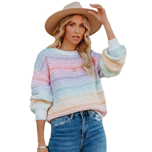 Autumn and winter pullover striped round neck sweater loose long sleeve large size rainbow sweater women's clothing