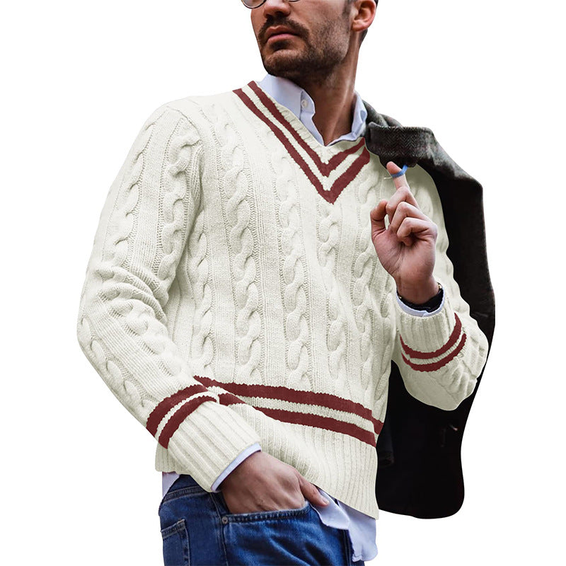 V-neck sweater men's striped color matching knitted sweater autumn and winter fashion sweater