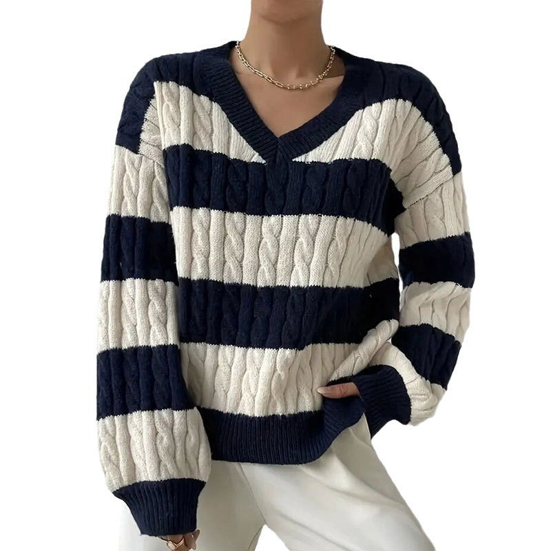 Autumn and Winter Sweater Women's All-match Pullover V-neck Long Sleeve Twisted Striped Contrast Color Knitted Cardigan