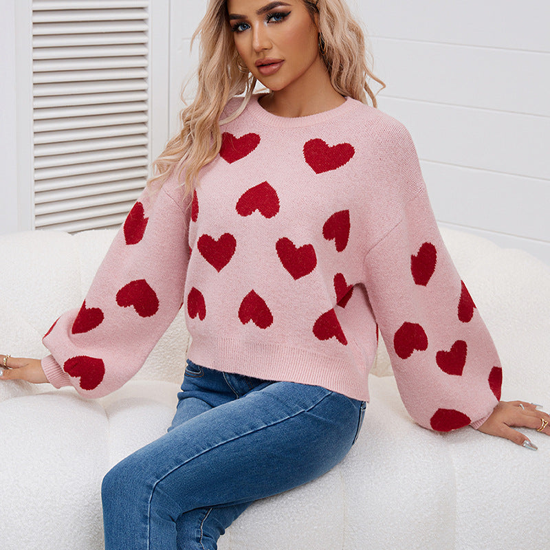 New arrival puff sleeve Valentine's Day pink sweater loose sweet love jacquard pullover sweater