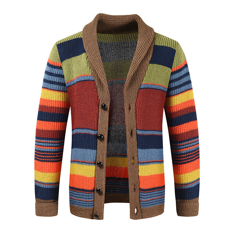 New Men's Sweater Jacket Autumn and Winter Lapel Colorblock Knitted Cardigan Sweater