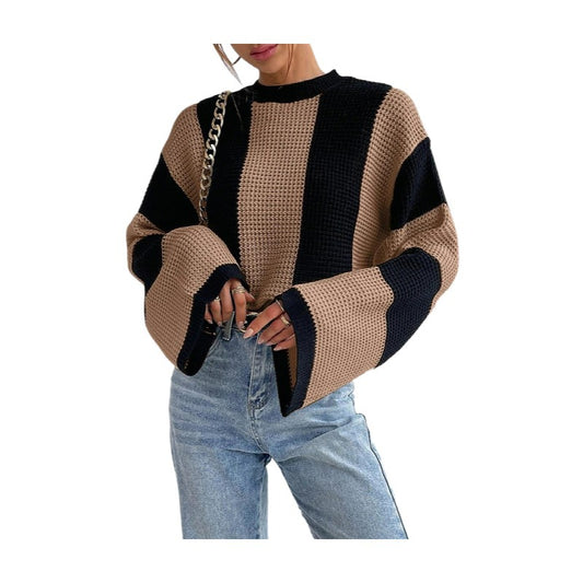 Autumn and winter knitted sweater tops round neck striped sweater coat women