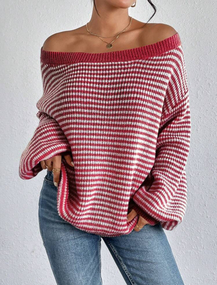 Winter new striped one-shoulder off-shoulder contrast striped lantern sleeve knitted women's clothing