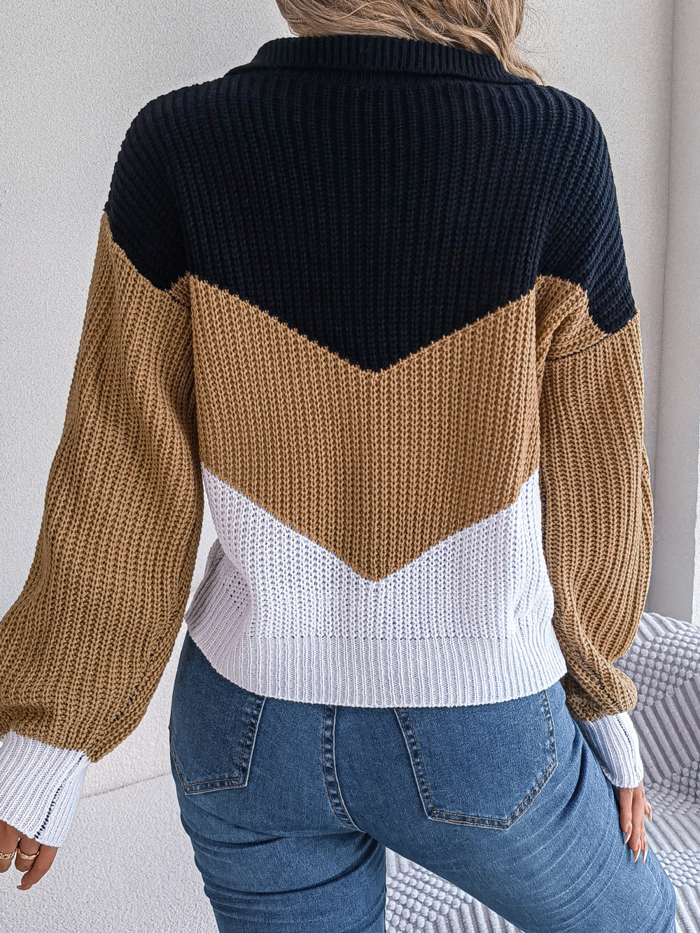 Autumn and winter casual lapel contrast color long sleeve knitted pullover loose sweater